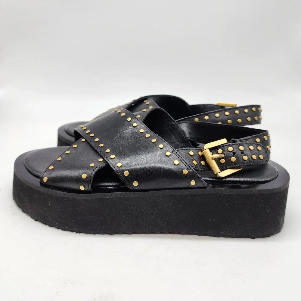 Anthropologie Maeve Chrissy Studded Platform Sandal EU 38 US 7-7.5 Black Leather